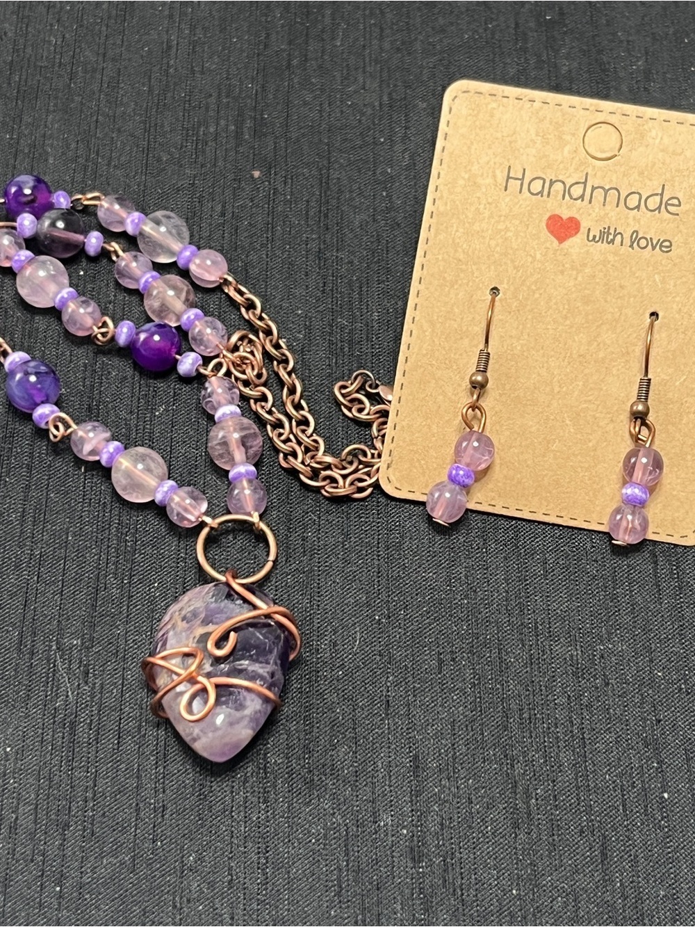 Copper Wire Wrapped Amethyst tear drop Necklace Earrings amethyst beads - Picture 3 of 4